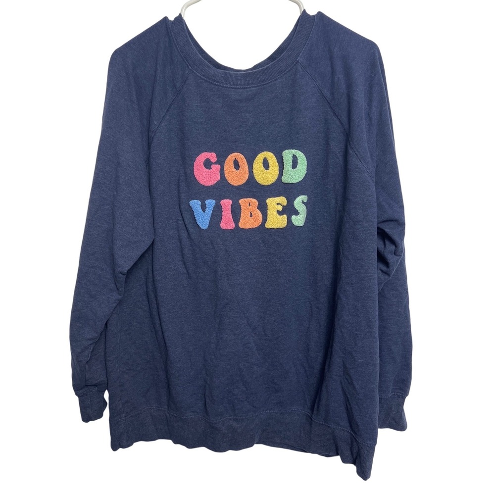 Wildfox Good Vibes Chenille Patch Raglan Sweatshirt Heather Navy Blue M Lounge l
